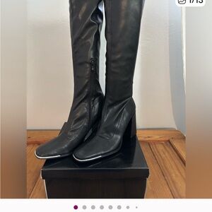 Pretty Little Thing Black Faux Leather Knee-High Stretch Boots-Womens sz 8.5